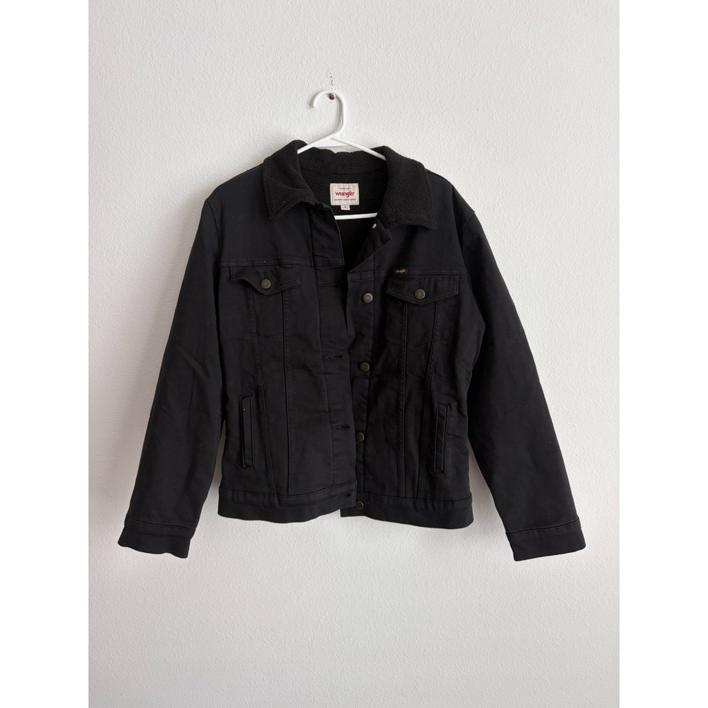 Wrangler Trucker Jacket Womens Small Black Sherpa Fleece Lined Button Front Warm